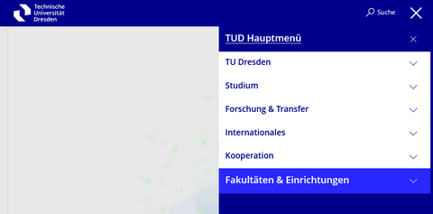 Screenshot der Hauptnavigation des TUD-Webauftritts