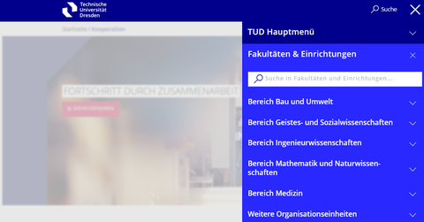 Screenshot der Navigation im Punkt Fakultäten und Einrichtungen
