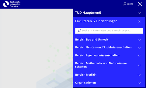 Screenshot der Navigation im Punkt Fakultäten und Einrichtungen