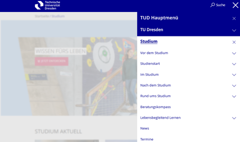 Screenshot der Navigation im Hauptmenüpunkt Studium