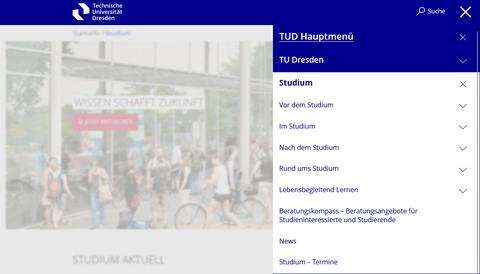Screenshot der Navigation im Hauptmenüpunkt Studium