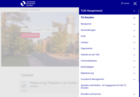 Screenshot der Navigation im Hauptmenüpunkt TU Dresden