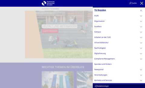 Screenshot der Navigation im Hauptmenüpunkt TU Dresden