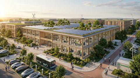 Blick auf ein modernes, mehrstöckiges Bürogebäude mit Solarpaneelen auf dem Dach, umgeben von Bäumen, Parkplätzen, einem Bus und mehreren Personen auf Gehwegen