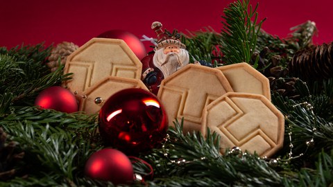 Das Foto zeigt Weihnachtsdekoration bestehend aus Tannenzweigen, roten Baumkugel, Plätzchen in Form des TUD-Logos sowie einem kleinen Weihnachtsmann vor einem roten Hintergrund.