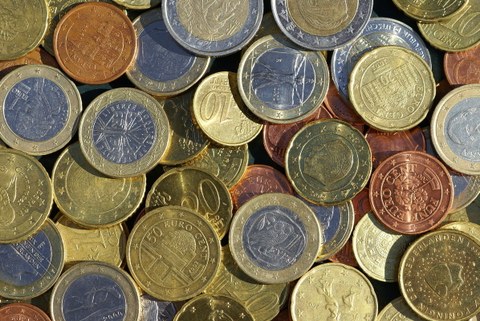 Das Foto zeigt die Rückseite von viel Münzgeld. Es stammt aus unterschiedlichen Ländern, die aber alle den Euro als Währung haben.