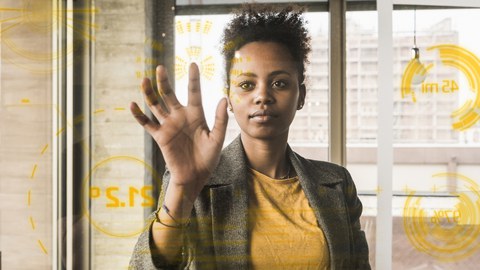 young woman working with touchscreen