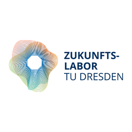 german Future Lab Logo: in the center, a white octagon. Starting from the octagon outward a multitude of concentric thin lines varying in shape and color. To the right is the lettering "Zukunftslabor TU Dresden" 