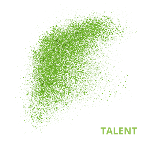 Grüne Punkte, die sich zu einem Schwarm formieren. Der Hintergrund ist weiß. In grüner Schrift steht das Wort Talent neben dem Schwarm.