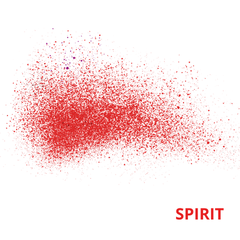 Rote Punkte, die sich zu einem Schwarm zusammenfügen. Der Hintergrund ist weiss. In roter Schrift steht das Wort Spirit neben dem Schwarm.