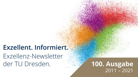 Verschiedenfarbige Punkte fügen sich zu einem Schwarm zusammen. Der Hintergrund ist weiß. Schriftzug links vom Schwarm: Exzellent. Informiert. Exzellenz-Newsletter der TU Dresden. Rechts daneben: Schriftzug 100. Ausgabe. 2011 - 2021.