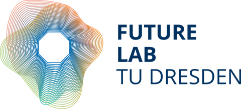 english Future Lab Logo: in the center, a white octagon. Starting from the octagon outward a multitude of concentric thin lines varying in shape and color. To the right is the lettering "Future Lab TU Dresden" 