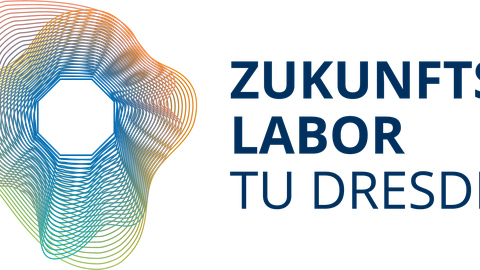 german Future Lab Logo: in the center, a white octagon. Starting from the octagon outward a multitude of concentric thin lines varying in shape and color. To the right is the lettering "Zukunftslabor TU Dresden" 