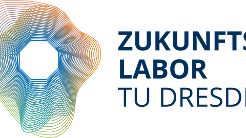 deutsches Zukunftslabor Logo: in der Mitte ein weißes Achteck, davon ausgehend nach außen eine Vielzahl konzentrischer, in Form und Farbe variierender, dünner Linien. Rechts daneben der Schriftzug "Zukunfstlabor TU Dresden".