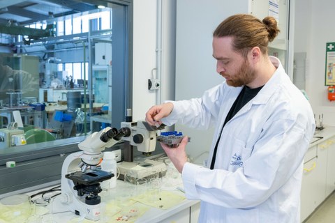 Foto einer Person im Labor am Mikroskop
