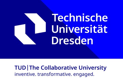 Logo der Technischen Universität Dresden mit weißem Schriftzug auf blauem Hintergrund und dem Text 'TUD | The Collaborative University inventive. transformative. engaged.' darunter.