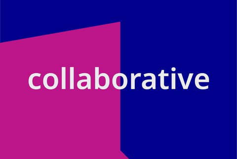 weißer Schriftzug "collaborative" vor lila und blauem Hintergrund 
