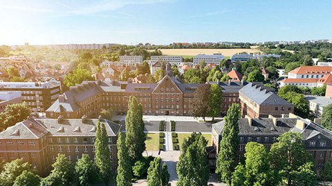 Drohnenbild von oben vom Fritz-Förster-Bau der TUD.