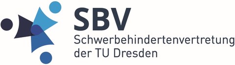 Logo der SBV; drei Personen die mit den Füßen zueinander stehen in Blau, Dreizeiliger Schriftzug mit SBV Schwerbehindertenvertretung der TU Dresden