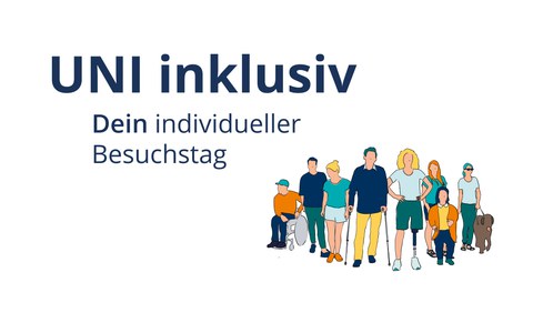 Schematische Darstellung. Links Überschrift "UNI Inklusiv" sowie Untertitel "Dein individueller Besuchstag" zu sehen, rechts eine Reihe von acht nebeneinanderstehenden Menschen. Von links nach rechts sind das: Rollstuhlfahrer:in; Mann; Frau; Mann mit Krücken; Frau mit Beinprothese; Kleinwüchsige Person mit größerer Person dahinter; Frau mit Sonnenbrille und Blindenführhund.