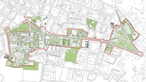 Das Bild zeigt einen Kartenauschnitt von Dresden der das Gebiet des Masterplans Campusgestaltung umfasst.