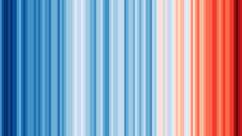 Graphical representation: Blue and red stripes in different brightness levels, symbolising average temperatures since 1850. Three quarters of the image are blue, the right quarter of the image is coloured in red stripes. 