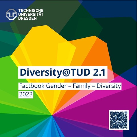  Das Cover des neuen Factbooks mit intensiv leuchtenden Farben und dem Titel Diversity@TUD 2.1 sowie Untertitel in dunkelblauer Schrift auf weißem Grund 