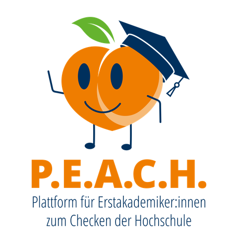 Logo von P.E.A.C.H.: Ein lächelnder Pfirsich mit Doktorhut, Armen und Beinen. Darunter steht: „Plattform für Erstakademiker:innen zum Checken der Hochschule“.