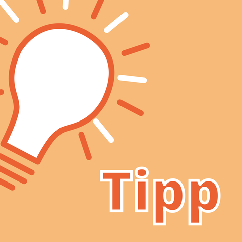Grafik mit einer stilisierten weissen Glühbirne, die von orangefarbenen und weissen Strahlen umgeben ist. Rechts unten steht das Wort "Tipp" in grosser, orangefarbener Schrift mit weissem Rand auf orangem Hintergrund.