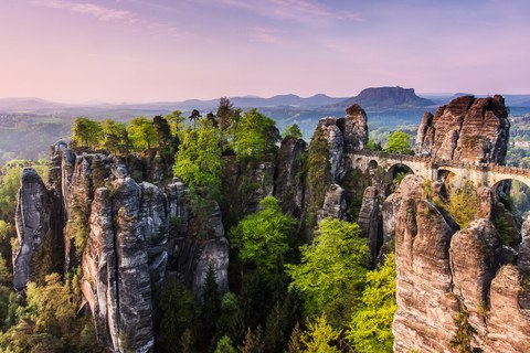 Basteibrücke auf hohen Felsen mit Bäumen