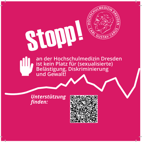 Ein Aufkleber zeigt mit weißer Schrift auf pinkem Hintergrund den Text: "Stopp! an der Hochschulmedizin Dresden ist kein Platz für (sexualisierte) Belästigung, Diskriminierung und Gewalt!" Eine erhobene Hand unterstreicht diese Aussage. Ein QR-Code verweist auf Unterstützungsangebote. Oben rechts ist das Emblem der Hochschulmedizin Dresden zu sehen.