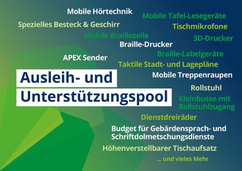 The landscape format postcard shows the dark blue lettering " Ausleih- und Unterstützungspool" [Borrowing and Support Pool] with a graphic whose background is designed with a full color gradient from green to dark blue. Around the lettering listedmaterial