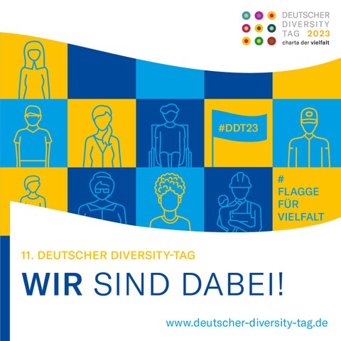 blau-gelb karrierte Flaage mit Symboen zum Thema Vielfalt und Diversität