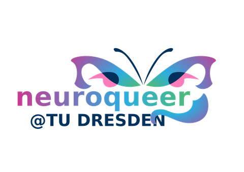 Das Bild zeigt das Logo von Neuroqueer@TUD. Der Schriftzug ist einem Farbverlauf von lila über blau zu grün gestaltet. Rechts über dem Schriftzug ist ein Schmetterling in dem selben Farbverlauf in den Schriftzug integriert.