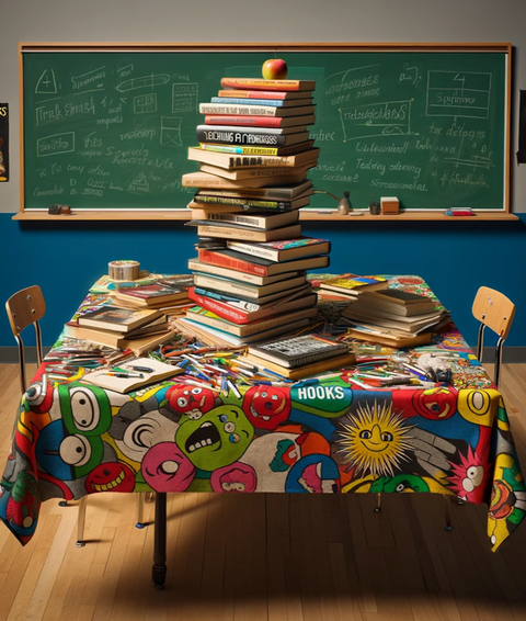 Das Bild zeigt ein Klassenzimmer. Im Vordergrund ist ein Tisch mit einem hohen Bücherstapel zu sehen. Im Hintergrund ist eine vollgeschriebene Tafel zu sehen.