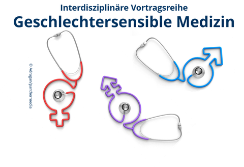 Das Bild zeigt den Schriftzug "Interdisziplinäre Vortragsreihe - Geschlechtersensible Medizin" darunter sind drei Stethoskope abgebildet die das männliche, weibliche und das interdisziplinäre Gendersymbol formen.