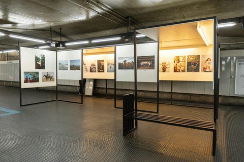 Das Foto zeigt mehrere nebeneinander angeordnete Ausstellungswände, an denen verschiedenste Fotos zu sehen sind.