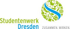 Logo des Studentenwerks Dresden. Links steht in grüner Schrift 'Studentenwerk' und darunter in blauer Schrift 'Dresden'. Rechts davon ist eine grüne Kugel, die aus verschiedenen stilisierten Symbolen besteht, darunter ein Baum, eine Hand, eine Ananas, Bes