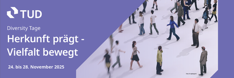 TU Dresden graphic for Diversity Days 2025 with the motto “Origin shapes – Diversity moves,” November 24–28, 2025. People walking in different directions on a bright background.