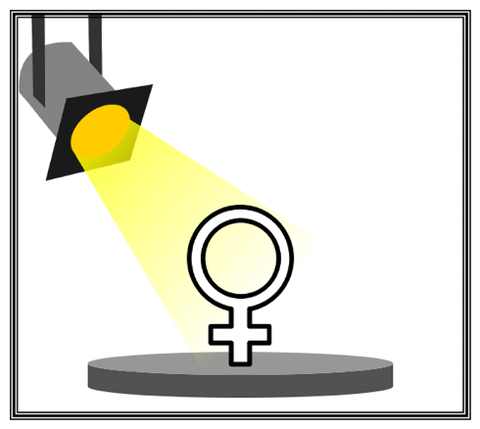 Das Bild zeigt das symbol für Weiblichkeit, welches auf einer Bühne steht und durch einen Theaterstrahler beleuchtet wird.