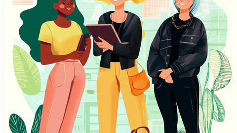 Drei Frauen stehen in einem Haus zusammen, halten Notizbücher in der Hand und lächeln, während im Hintergrund Pflanzen und abstrakte Formen zu sehen sind.