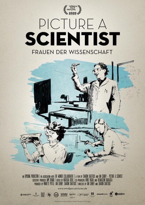 Das Bild zeigt eine  Zeichnung von 3 Wissenschaftlerinnen in ihrem Arbeitsumfeld im Labor, bei der Feldarbeit, am Schreibtisch. 