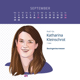 Illustration einer Frau mit braunen Haaren neben einem Kalender für September. Rechts steht ihr Name, Geburtsjahr 1984 sowie ihr Fachgebiet: Bauingenieurwesen.