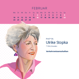 Kalenderblatt Februar mit Porträt von Prof.in Dr. Ulrike Stopka, geboren 1954 in Dresden, Fachbereich Verkehrswissenschaften. Modern illustriert mit rosa Hintergrund und Monatsübersicht.