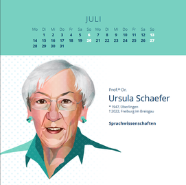 Illustriertes Bild einer älteren Frau mit Brille und kurzen Haaren. AUf einem Kalenderblatt  des Monats Juli.