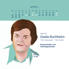 Kalenderblatt des Monats April, es ist eine Frau mit braunen Haaren als Grafik zu sehen