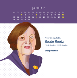 Kalenderblatt Januar mit Illustration von Prof. Dr.-Ing. habil. Beate Reetz, Energietechnik, 1942–2019.