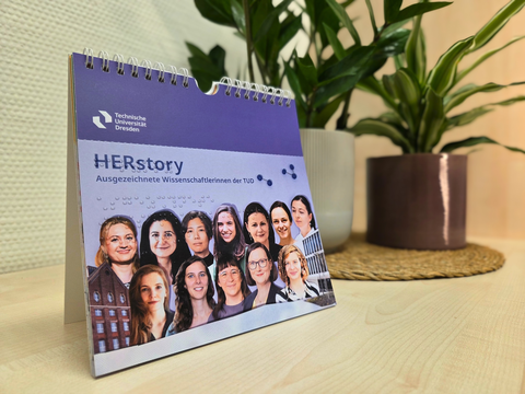 Tischkalender mit dem Titel „HERstory“ der TUD, der ausgezeichnete Wissenschaftlerinnen zeigt. Im Hintergrund stehen grüne Zimmerpflanzen auf einem Holzregal.