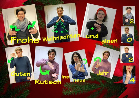 Gebärdensprache ist eine visuelle Sprache. Auf der Karte sind elf Fotos angeordnet, die jeweils eine Gebärde des Satzes „Frohe Weihnachten und einen guten Rutsch ins neue Jahr“ zeigen. Rechts steht untereinander die Jahresszahl 2024, indem die Finger die einzelnen Zahlen in Gebärdensprache anzeigen. Unter jedem Foto ist jeweils das Wort aufgeschrieben, welche Gebärde dargestellt wird, das Wort wird parallel auch ausgesprochen. Grüne Pfeile zeigen die Bewegungsrichtung, die mit den Händen ausgeführt werden soll. Bild 1 oben links: „Frohe“ – die flachen Hände machen eine Kreisbewegung vor der Brust. Bild 2 „Weihnachten“ – die Handflächen zeichnen einen Weihnachtsbaum nach. Bild 3 „und“ – die Zeigefinger bilden vor der Brust ein Plus Zeichen.  Bild 4 unten links „Guten“ – Zeigefinger und Daumen bilden einen Ring und werden kurz nach vorne geführt. Bild 5 „Rutsch“ – Die Handfläche der rechten Hand (Rechtshänder) rutscht in einem Bogen auf die ausgestreckte linke Hand und simuliert so eine Rutsche. Bild 6 „neue“ Die linke Handfläche wird vor die Brust gehalten, während die rechte Handfläche hinter der linken Handfläche nach oben steigt, etwas Neues wächst und entsteht. Bild 7 „Jahr“ – die rechte Hand bildet eine Faust, nur der kleine Finger und der große Daumen sind ausgestreckt, sie bilden den Buchstaben Y des Fingeralphabets und werden in einem hohen Bogen zur rechten Seite geführt. Rechts am Rand sind untereinander die Zahlen 2, 0, 2, 4 Die 2 – der Daumen und der Zeigefinger sind ausgestreckt und werden nach vorne gezeigt. Die 0 - Zeigefinger und Daumen bilden einen Ring. Die 2 – der Daumen und der Zeigefinger sind ausgestreckt und werden nach vorne gezeigt. Die 4 – die Finger der rechten Hand (Rechtshänder) werden bis auf den Daumen gezeigt, der ist in der Handinnenfläche versteckt.