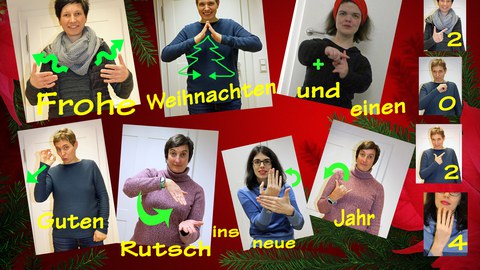 Sign language is a visual language. There are eleven photos on the card, each showing a sign for the sentence "Merry Christmas and a Happy New Year" in German Sign Language. On the right is the year “2024”, with the fingers indicating the individual numbers in sign language. Under each photo is the word which gesture is shown here, the word is also pronounced in parallel. Green arrows show the direction of movement to be performed with the hands. Picture 1 top left: „Frohe“ (Engl. Happy) - the flat hands make a circular movement in front of the chest. Picture 2 „Weihnachten“ (Engl. Christmas) - the palms of the hands trace a Christmas tree. Figure 3 "and" - the index fingers form a plus sign in front of the chest. Picture 4 bottom left "Good" - index finger and thumb form a ring and are briefly moved forwards. Picture 5 "Slide" - The palm of the right hand (if right-handed) slides in an arc onto the outstretched left hand, simulating a slide. Picture 6 "new" - The left palm is held in front of the chest, while the right palm rises up behind the left palm, something new grows and emerges. Picture 7 "Year" - the right hand forms a fist, only the little finger and the thumb are outstretched, they form the letter Y of the finger alphabet and are moved in a high arc to the right side. The numbers 2, 0, 2, 4 are shown one below the other on the right-hand edge. The 2 - the thumb and index finger are stretched out and pointed forwards. Die 0 - Index finger and thumb form a ring. The 2 - the thumb and index finger are stretched out and pointed forwards. The 4 - the fingers of the right hand (if right-handed) are shown except for the thumb, which is hidden in the palm of the hand.